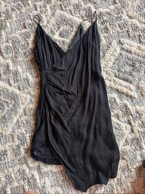 Black Satin Slip Dress - Spaghetti Strap V-Neck